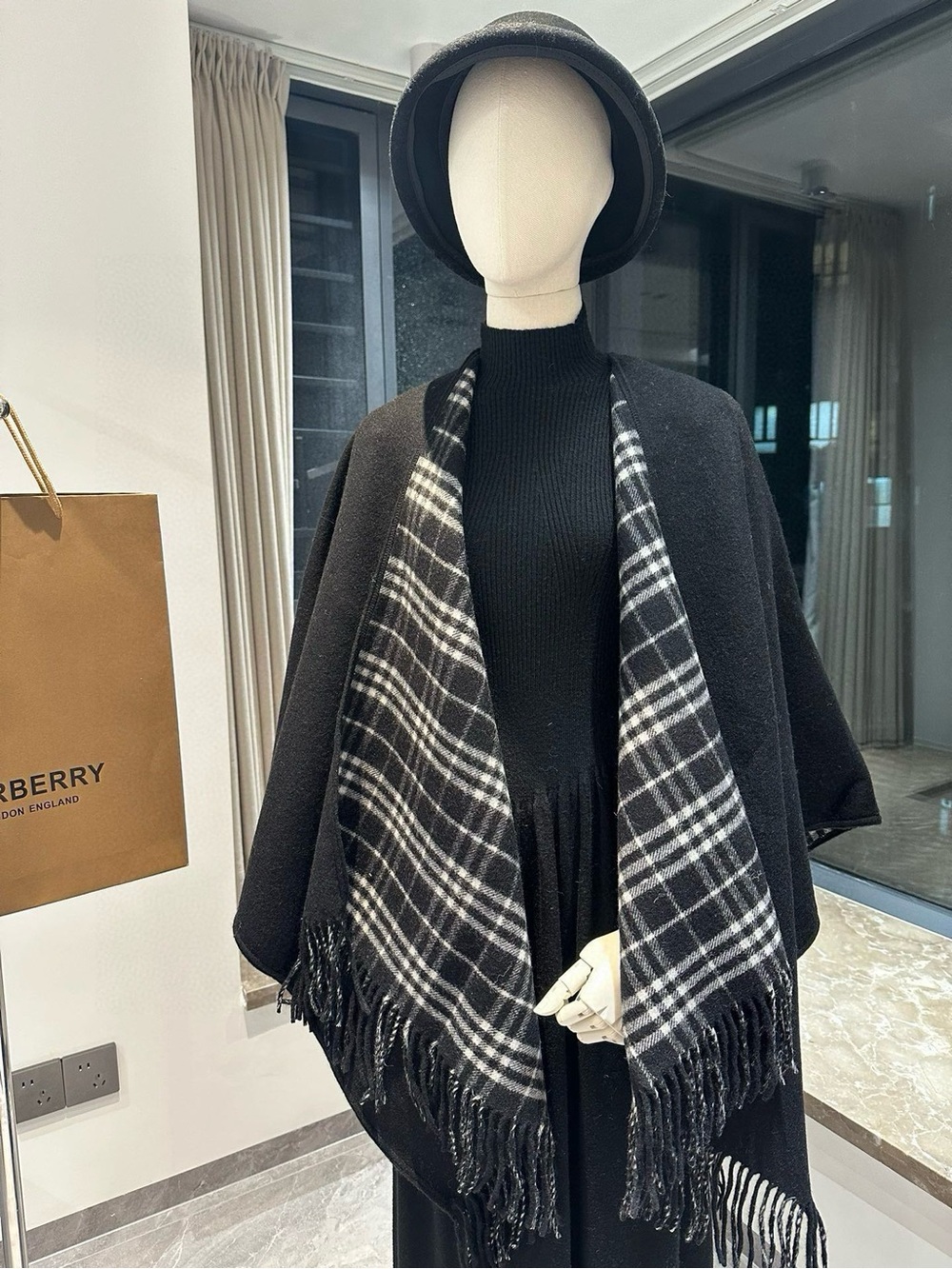 Burberry Black with White Plaid Fringe Wrap